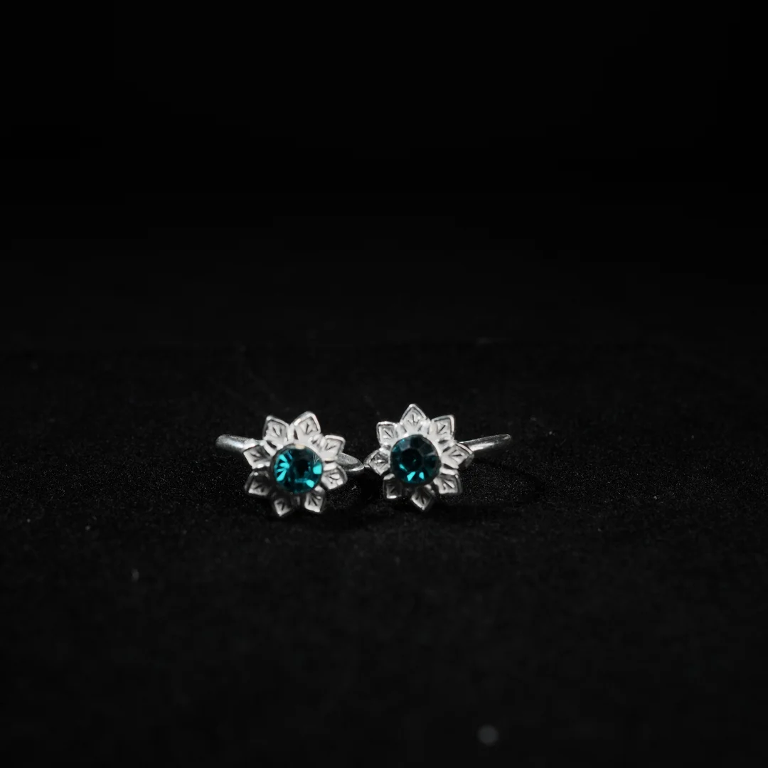 Sterling Silver Teal Stone Floral Stud Earrings