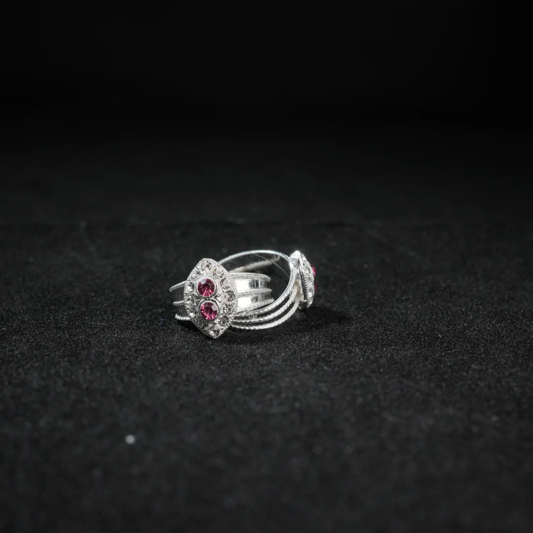 Sterling Silver Pink Stone Dual Floral Adjustable Ring